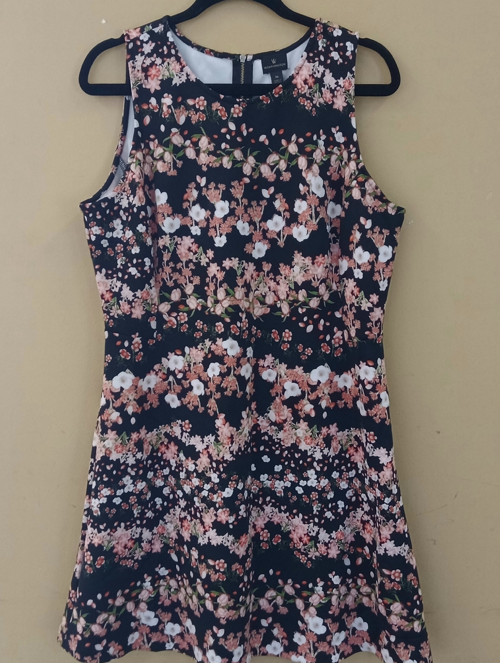 Worthington Black Floral Midi Dress with Pink and White Blooms